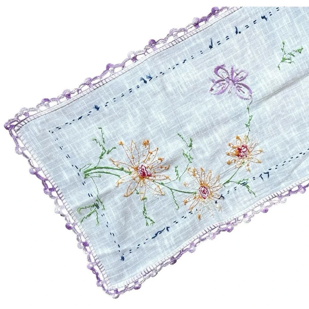 Linen Table Runner Dresser Scarf Embroidery Floral Crochet Purple Edge 36